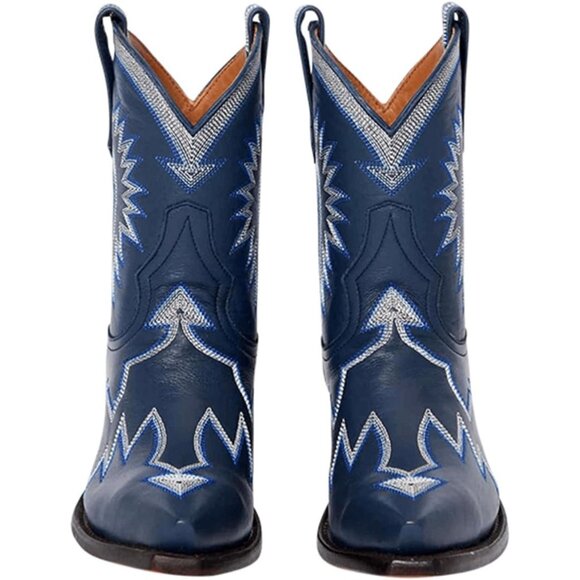 Metallic Embroidered Cowgirl Boots For Women Pointed Toe Western Chunky Heel - Picture 2 of 6